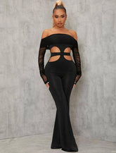 Stylish Black Off-Shoulder Cut-Out Jumpsuit with Sheer Sleeves – Bold and Fashion-Forward Outfit